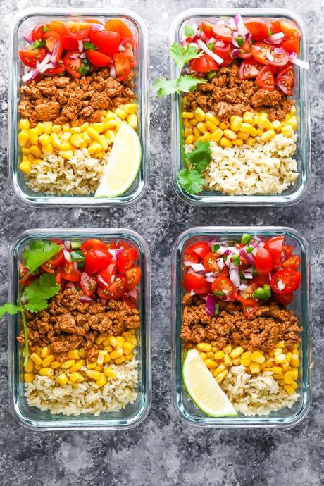 overhead view of four Turkey Taco Meal Prep Bowls