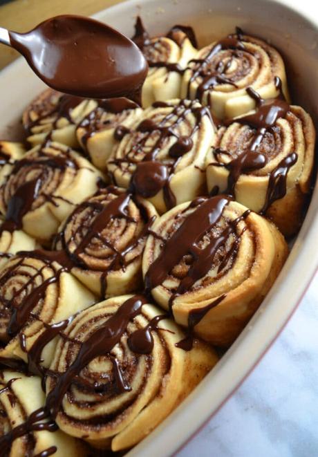 Churro Cinnamon Rolls with Chocolate Drizzle