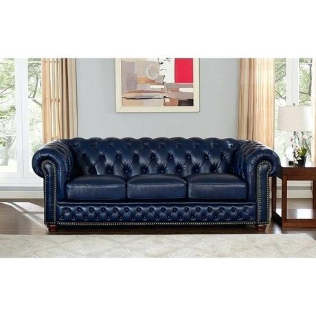 leather tufted settee white button sofa blue