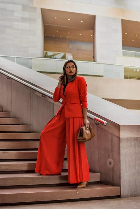 red pant suit, wide leg pant suit, pleated pants and blazer set, red outfit, steve madden vale pumps. bottega bag, brown bag, DC national gallery of art, fashion, fall fashion, office look, french style, myriad musings, saumya shiohare 