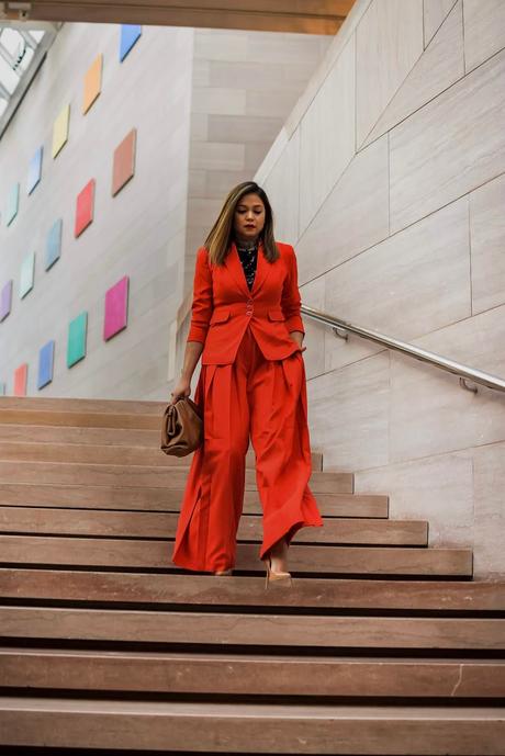 red pant suit, wide leg pant suit, pleated pants and blazer set, red outfit, steve madden vale pumps. bottega bag, brown bag, DC national gallery of art, fashion, fall fashion, office look, french style, myriad musings, saumya shiohare 