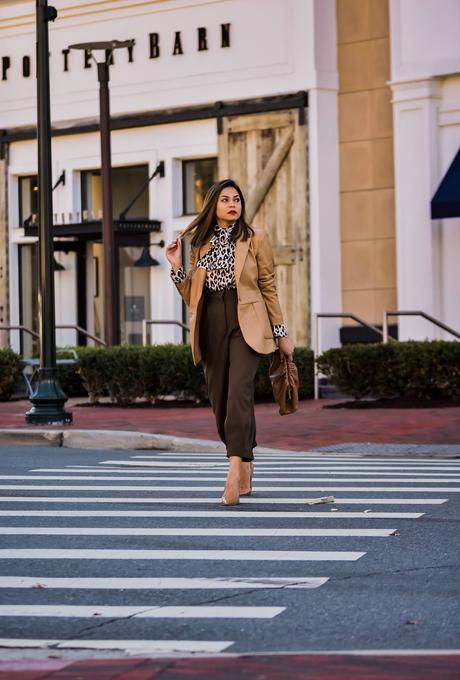 pant trends for fall, fall fashion 2019, brown wide leg high waist trousers, Leather jacket tan, Negin mersehi tan leather jacket, leopard print blouse, street style, bottega bag, myria