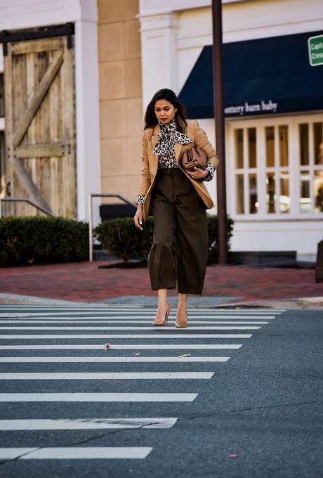 pant trends for fall, fall fashion 2019, brown wide leg high waist trousers, Leather jacket tan, Negin mersehi tan leather jacket, leopard print blouse, street style, bottega bag, myria