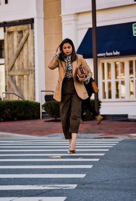 pant trends for fall, fall fashion 2019, brown wide leg high waist trousers, Leather jacket tan, Negin mersehi tan leather jacket, leopard print blouse, street style, bottega bag, myria