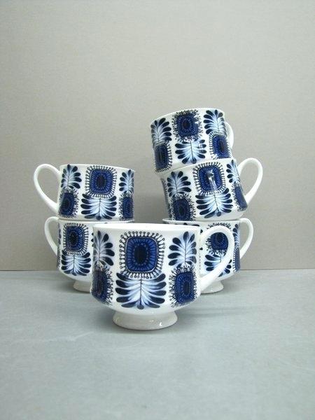blue pattern china name bone cups mid century white abstract floral collectable pottery x 6