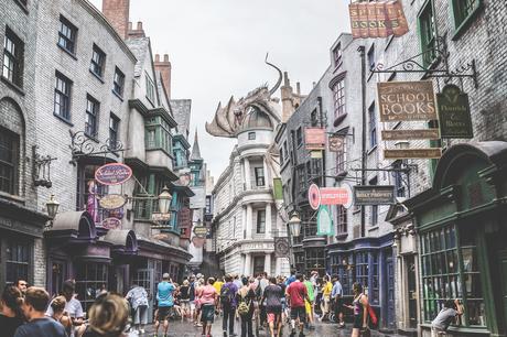 A family visiting The Wizarding World of Harry Potter at Universal Studios Orlando