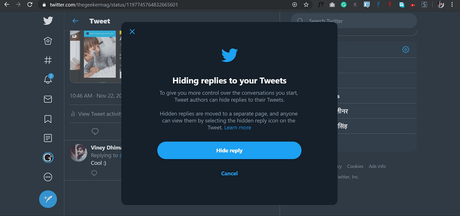 How to Hide Replies to your Tweets on Twitter (Unhide Too) hiding replies to your tweets dialog box