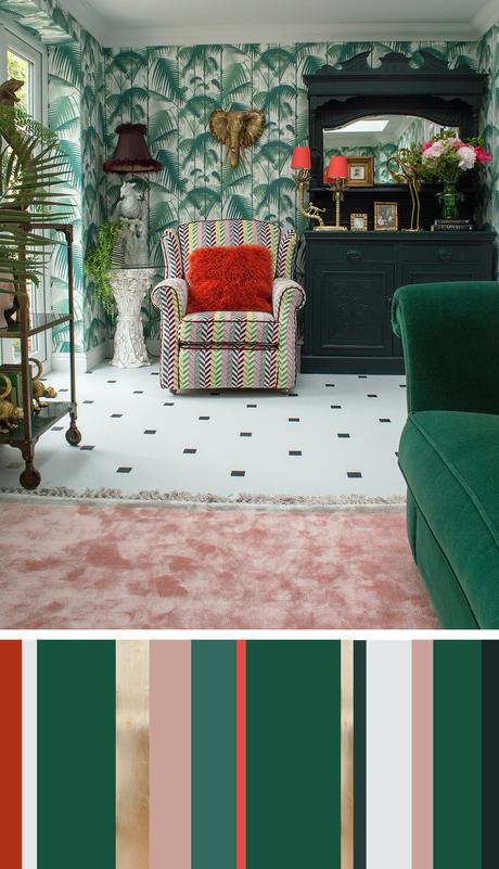 Interior color palette inspiration - Cole and Son tropical wallpaper with green velvet sofa 