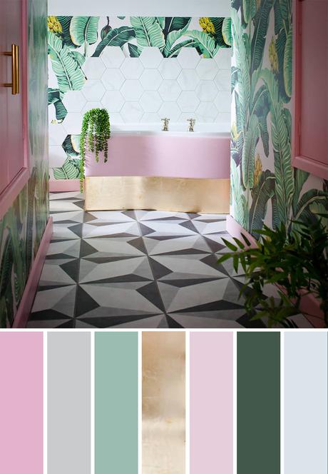 Tropical color palette inspiration - blush pink, gold and green tropical bathroom with banana leaf patterned wallpaper and monochrome floor tiles.