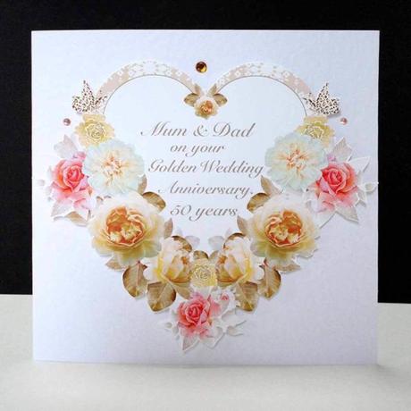 Antique Rose Heart- Handmade Golden Wedding Anniversary Card- Mum & Dad.
