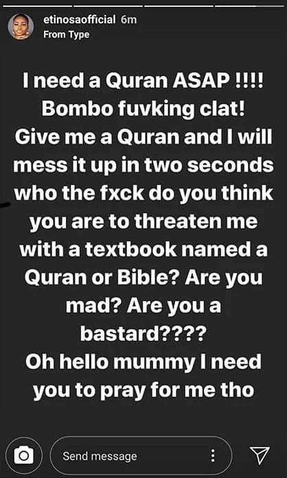 Actress Etinosa Smokes Using Bible Pages, Islamic Man Dares Her To Try It With Quran [Video]