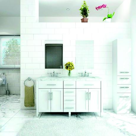white boardwalk double vanity with marble top