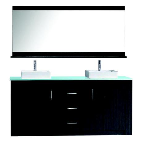 simple modern black double vessel sink vanity with silver pulls