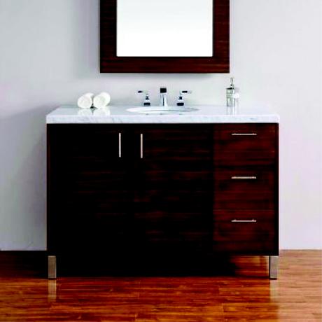 standing natural wood single vanity with marble top