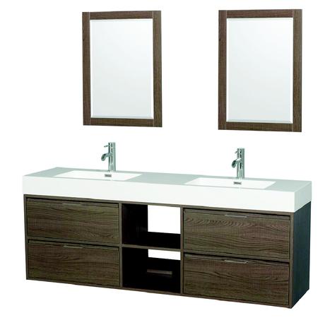 basic natural wood double sink floating vanity with cubbies