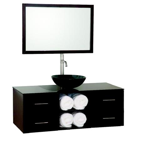 floating single vanity with glass vessel sink and towel cubbies