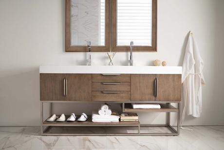 double sink modern vanity with all white countertop and natural wood accents