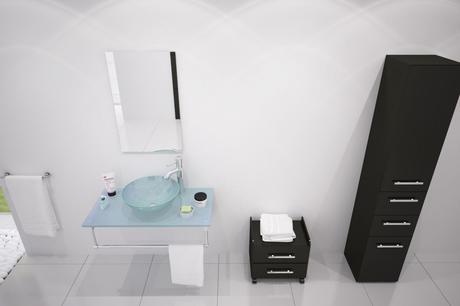 modern single sink bathroom vanity with clear vessel sink
