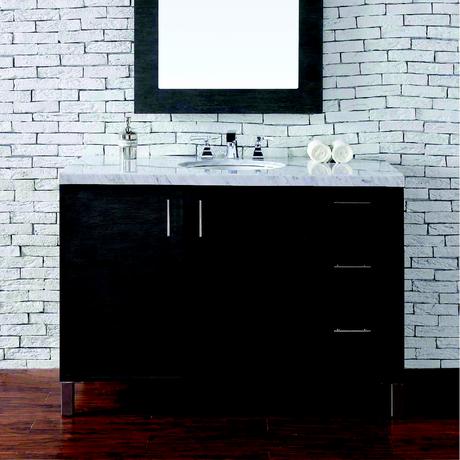 dark wood standing single bathroom vanity with marble top