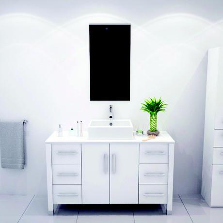 all white single bathroom vanity with vessel sink