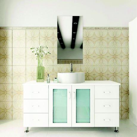 single vessel sink vanity in white with frosted glass cabinets