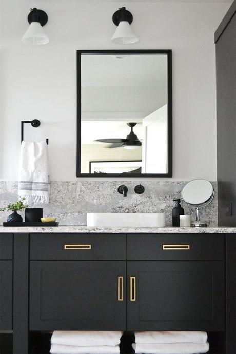 black modern bathroom vanity with matte black sink fixtures and gold cabinet hardware