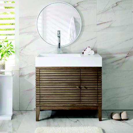 single modern natural wooden vanity with linear slats