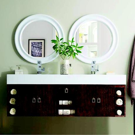 natural wood double floating vanity with all white counter