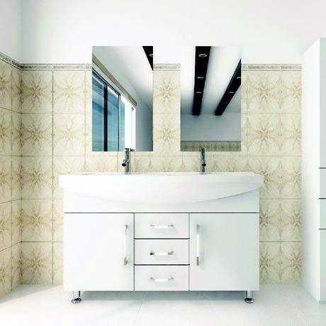 celine double sink vanity in white with chrome fixtures
