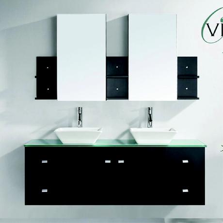 clarissa double sink vanity in espresso with vessel sinks and glass top