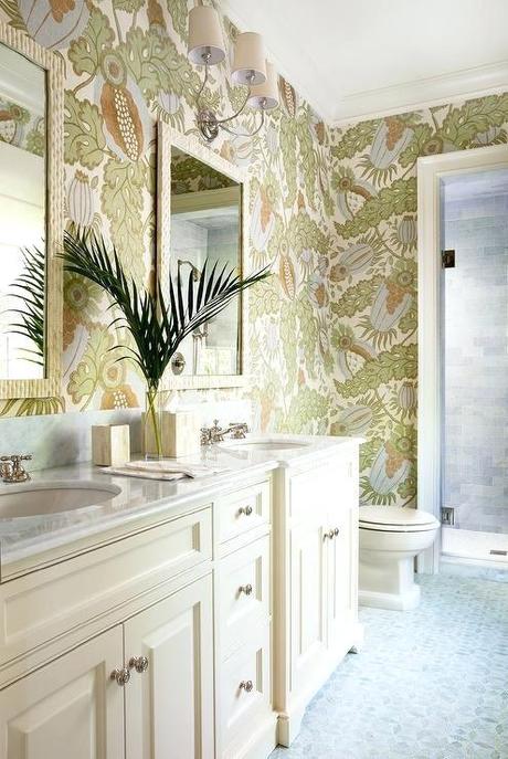 tropical bathroom mirror wall with carnival wallpaper and cream vanity
