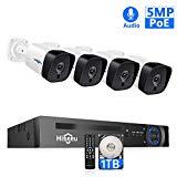【5MP 8CH】 PoE Security Camera System,4Pcs UltraHD Cameras+8Channel 4MP/5MP NVR,2592 by 1944 Pixels,Phone&PC Remote,Microphone,Night Vision,Waterproof,Onvif,Motion Alert,24/7 Recording,H.265+,1TB HDD
