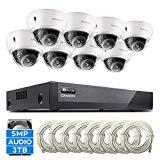 【Audio】 ONWOTE (8) 5MP Dome PoE Security Camera System 3TB HDD, Vandal-Proof, 8CH H.265 5MP NVR, 8Pcs Outdoor 5 Megapixels 2592x 1944P Ethernet IP Security Cameras, 100ft Night Vision, Wide Angle
