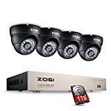 ZOSI Home Security Camera System 8Channel Full 1080P HD TVI Surveillance Wired DVR and 4X 1080P HD Weatherproof Outdoor Indoor Night Vision CCTV Dome Cameras 1TB Hard Drive Included