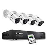 ZOSI 4K Ultra HD Security Cameras System,4 Channel H.265+ 4K (3840x2160) Video DVR with 2TB Hard Drive and 4 x 4K (8MP) IP67 Bullet Weatherproof Surveillance Cameras,100ft Night Vision, Motion Alert