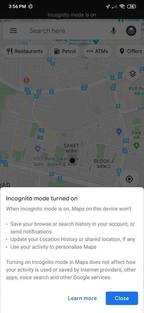 Activate Incognito mode in Google Map