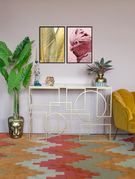 Unusual, affordable wall art. Quirky pink parrot print, paired with the golden feathers print, for a glamorous and feminine living room.