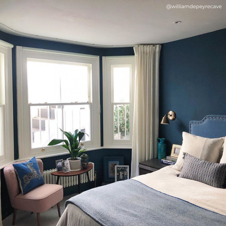 white low level radiator under a window in a blue bedroom