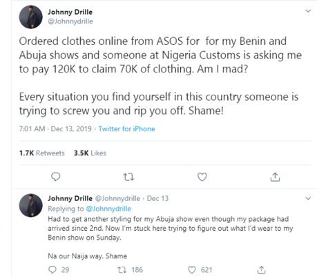 Nigeria Customs asked me to pay N120k for a N70k clothing I ordered online – Johnny Drille cries out