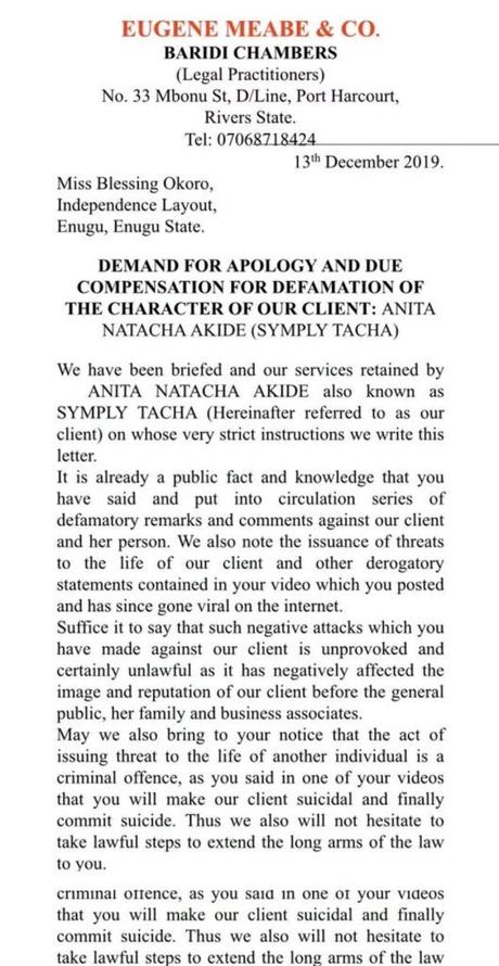 Tacha Drags Blessing Okoro To Court, Demands N20 Million For Defamation Of Character