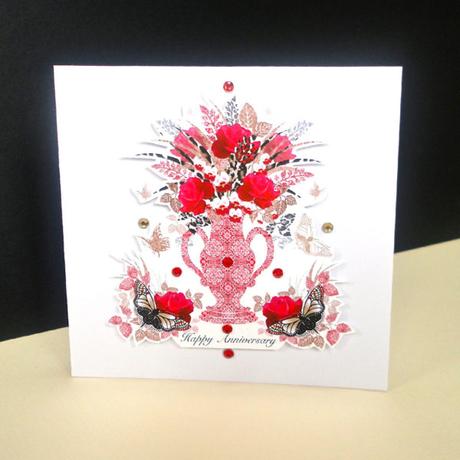 Red Vase-Roses and Butterflies Handmade Anniversary Card