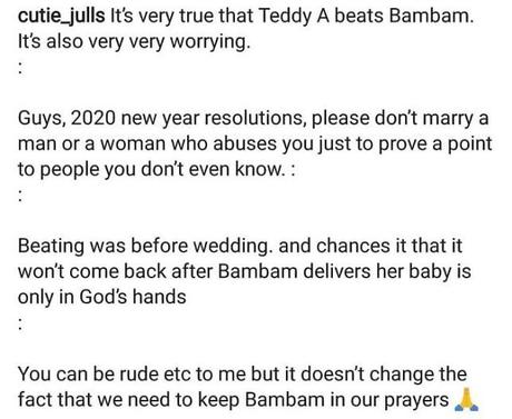 Trouble in paradise as blogger accuses Teddy A of beating Bam Bam Trouble in paradise as blogger accuses Teddy A of beating Bam Bam