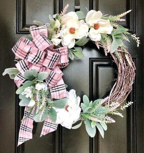 designer door wreaths front magnolia wreath floral housewarming gift pink plaid ribbon