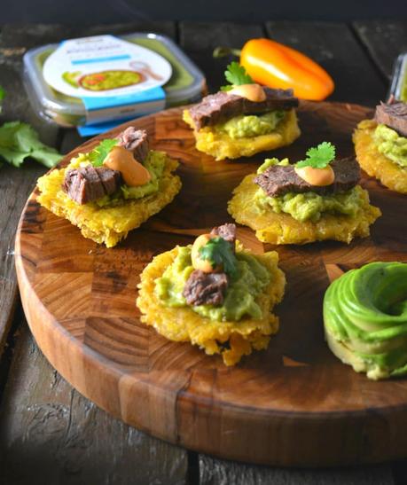Avocado and Skirt Steak Tostones (Fried Green Plantains)