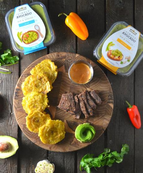 Avocado and Skirt Steak Tostones (Fried Green Plantains)