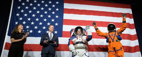 NASA spacesuit engineer Amy Ross and NASA Administrator Jim Bridenstine introduce spacesuit engineer Kristine Davis, wearing a ground prototype of NASA’s new Exploration Extravehicular Mobility Unit (xEMU), and Orion Crew Survival Systems Project Manager Dustin Gohmert, wearing the Orion Crew Survival System suit