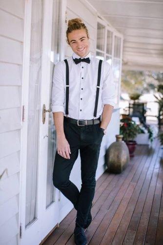 grooms attire details with bow tie suspenders rustic magicmomentsbymichele