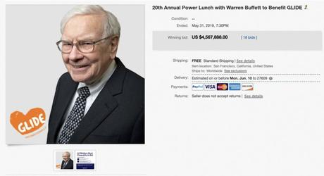  GLIDE’s 20th annual eBay for Charity Power Lunch with Warren Buffett sold for a record-breaking $4,567,888 on May 31, 2019, coinciding with the 20th anniversary of the legendary auction.