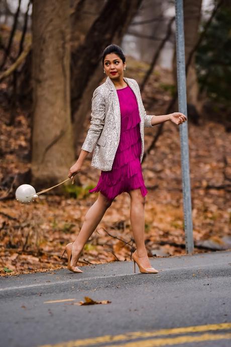 tassel pink dress, Gatsby theme party outfit, sequin, valentine's day outfit idea, sequin blazer, fashion, street style, ootd, outfit, nude heels, banana republic jacket. 