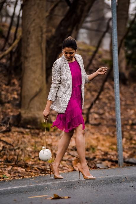 tassel pink dress, Gatsby theme party outfit, sequin, valentine's day outfit idea, sequin blazer, fashion, street style, ootd, outfit, nude heels, banana republic jacket. 